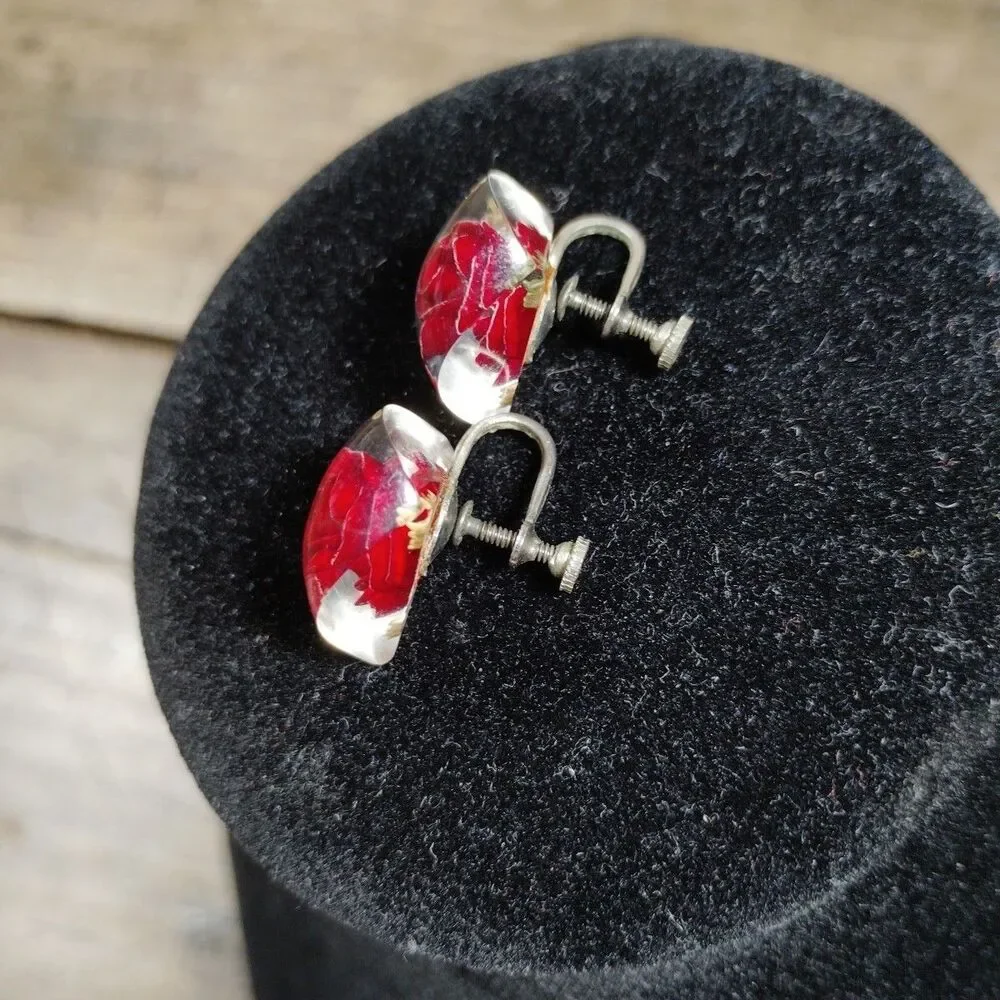 Vintage Rose Flower Screw Back Earrings Lucite Reverse Carved Jewelry Red